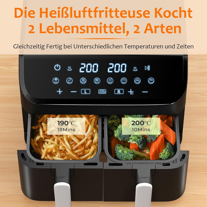 YASHE Dual Zone Heissluftfritteuse, 9L XL Kapazität Doppel-Airfryer mit Digital Control, 8-in-1 Koch