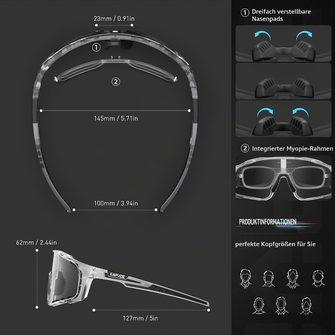 KAPVOE Photochromatische Fahrradbrille MTB Brille Selbsttönend Klar Radbrille Rennrad Sportbrille So