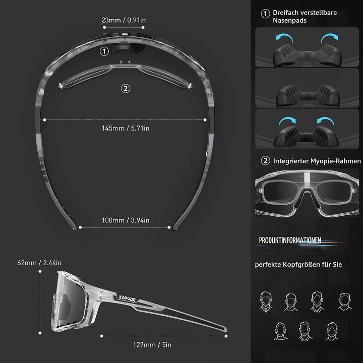 KAPVOE Photochromatische Fahrradbrille MTB Brille Selbsttönend Klar Radbrille Rennrad Sportbrille So