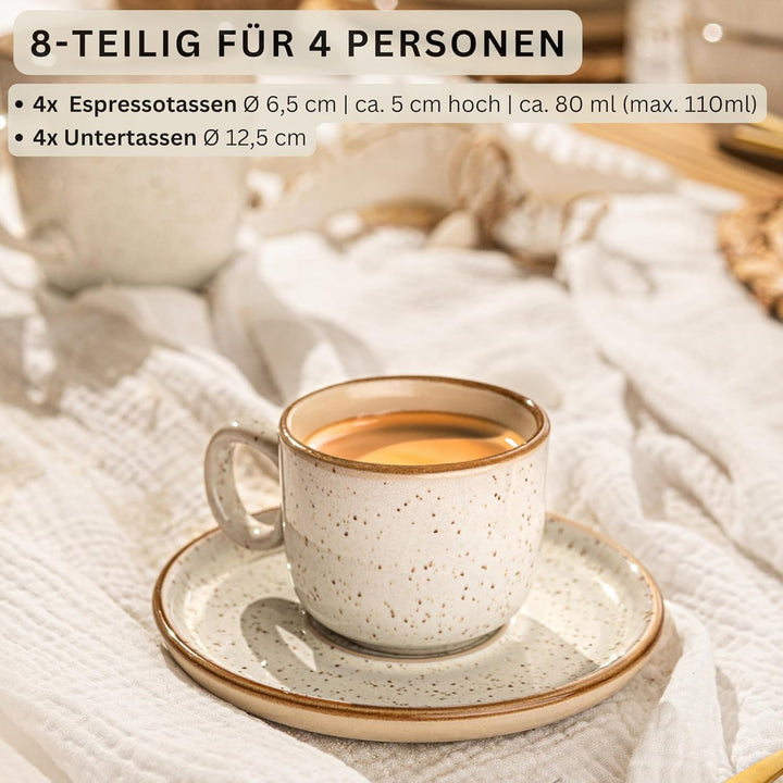 SÄNGER Rio Creme | Espressotassen Set 8 teilig, Tassen Set 4 Personen, Espresso- & Mokkatassen, krat