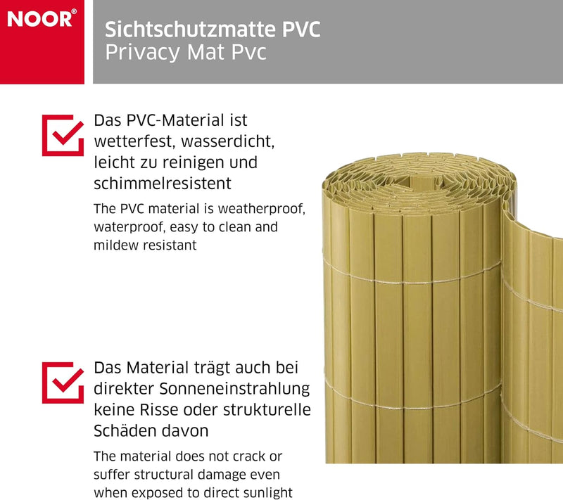 NOOR Sichtschutzmatte PVC 0,90 x 10m Bambus I Wasserdichter Sichtschutz aus Kunststoff für Gärten I