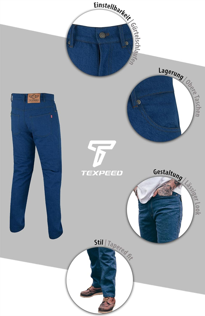 TEXPEED Motorradhose mit Protektoren - Denim Schützende Aramid Jeans - CE Rüstung Schutz enthalten (