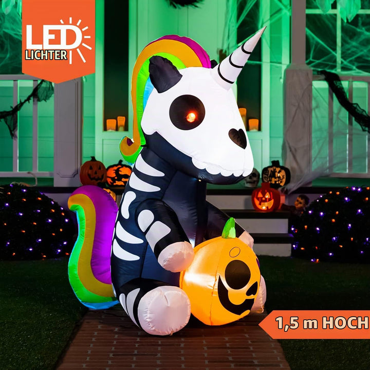 Joiedomi Aufblasbares Halloween-Skelett-Einhorn, 152 cm, aufblasbar, mit eingebauten LEDs, aufblasba