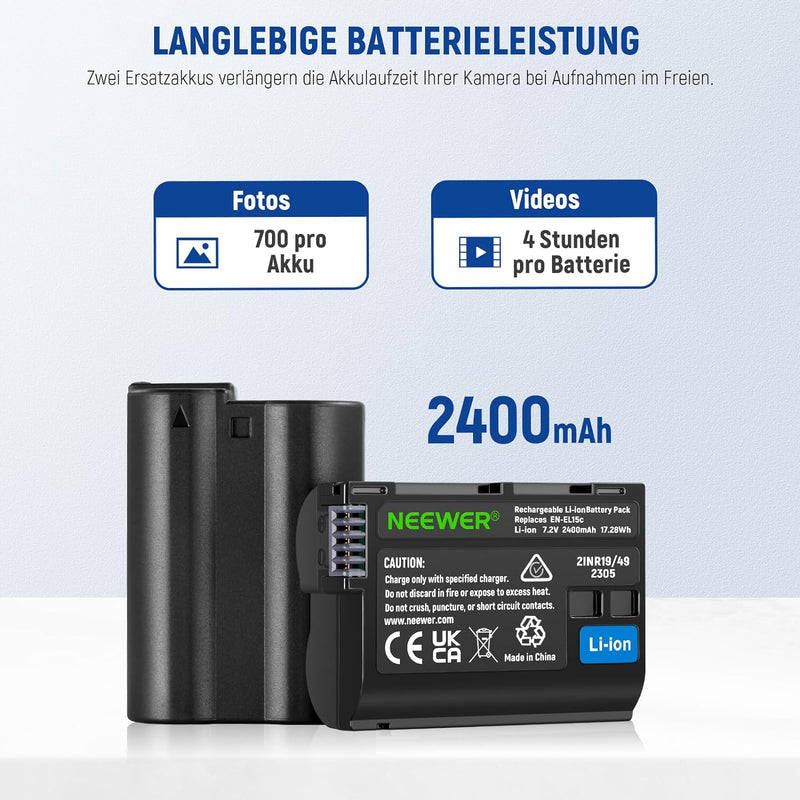 NEEWER EN-EL15c Ersatzakku und USB Ladegerät Set, 2 Pack 2400mAh Akkus und Zweikanal Ladegerät, komp