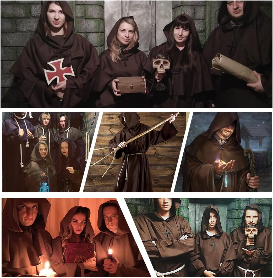 Wishstar Mönch Robe, L Mittelalterliche Renaissance Robe, Kostüm Mönch mit Kapuze und Kordel, Braun