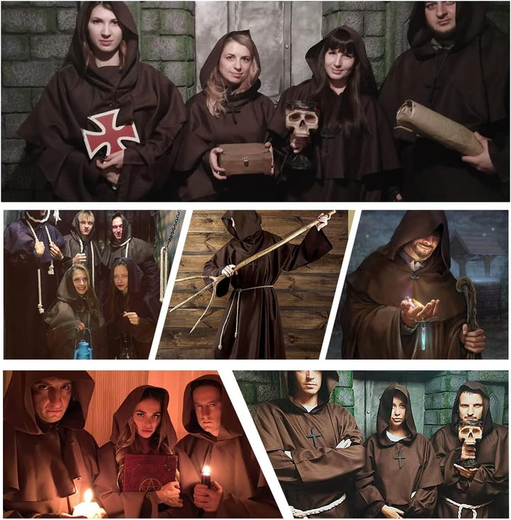 Wishstar Mönch Robe, L Mittelalterliche Renaissance Robe, Kostüm Mönch mit Kapuze und Kordel, Braun