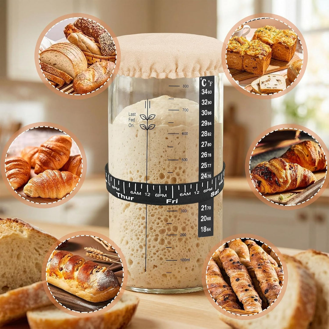 Sauerteig Starter Set aus Glas 1000ml - Anstellgut Glas Behälter mit Spatel Fermentierglas Cloth Cov