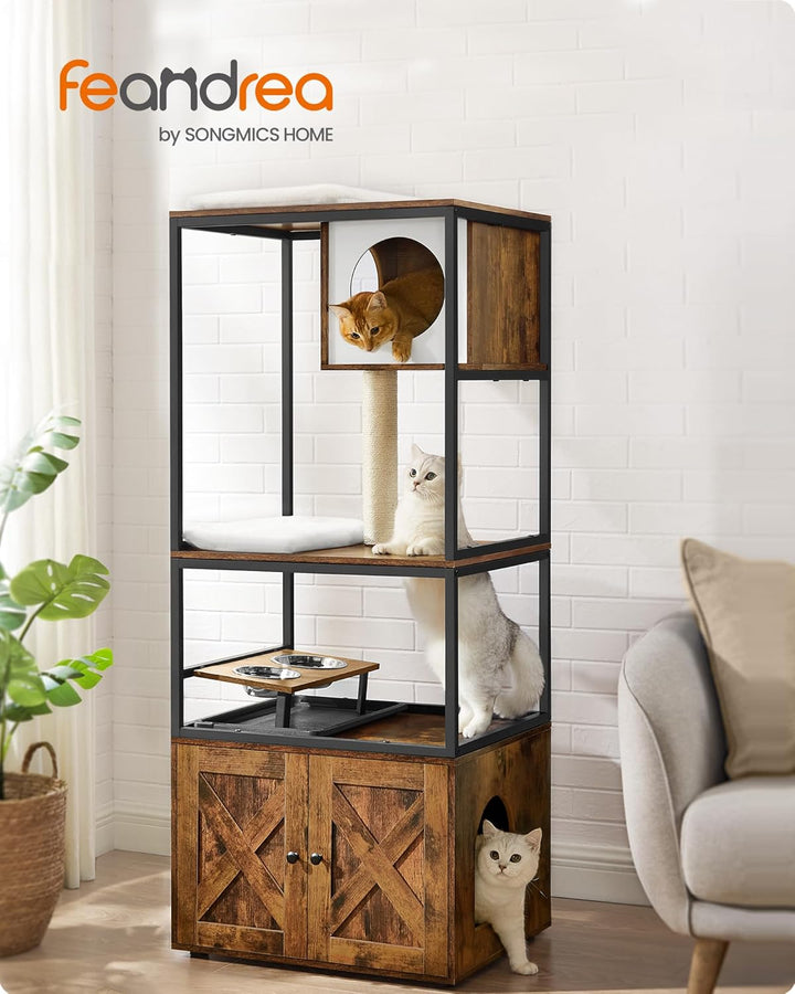 Feandrea Kratzbaum, Katzenbaum, Katzenhaus mit Katzenklo-Schrank, erhöhter Napfständer, Sisalstamm,