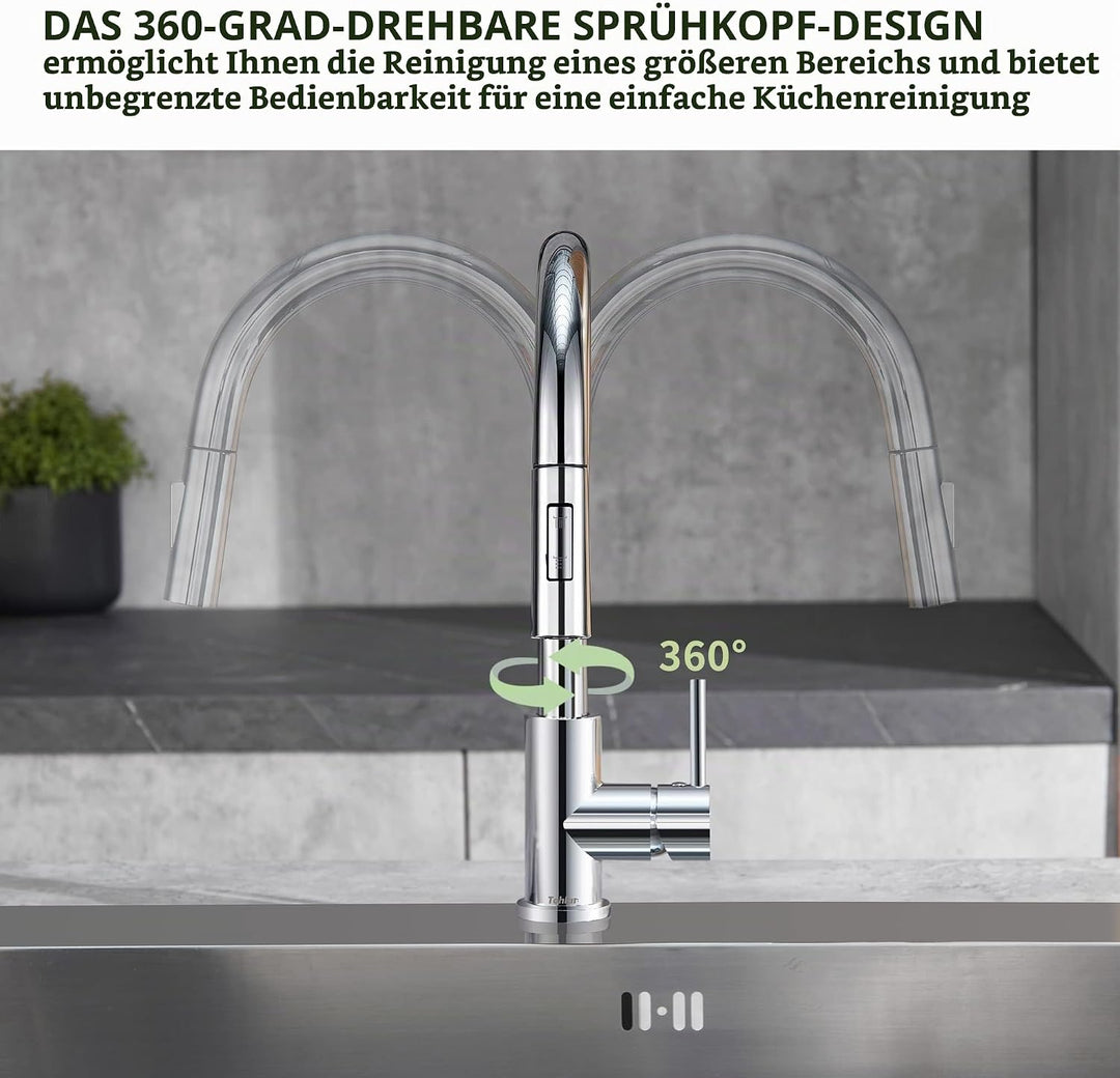 Tohlar Niederdruck Armatur Küche mit Ausziehbare Brause, Niederdruck Wasserhahn Küche 360° Drehbar M