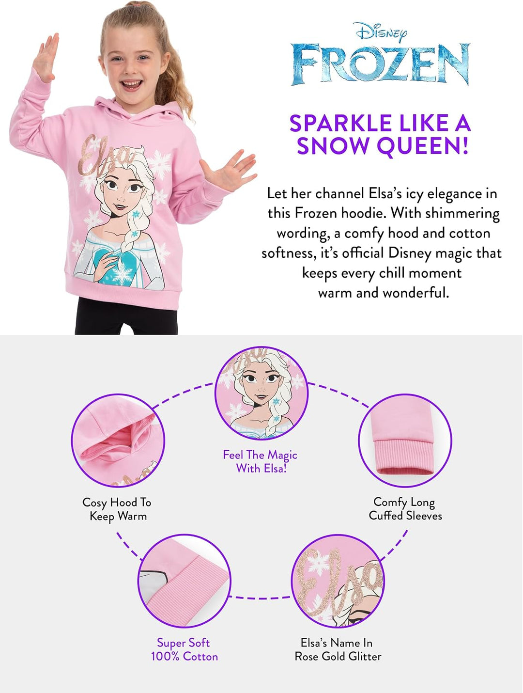 Disney Hoodie Kinder Frozen, ELSA Pullover Mädchen, Kapuzenpullover Kinder Eisprinzessin, ELSA Die E