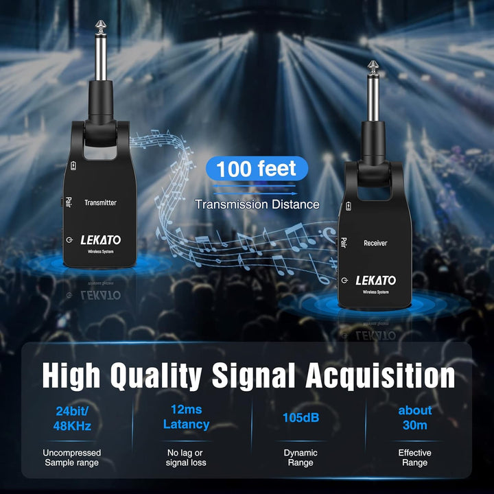 LEKATO 2.4GHz Aufgerüstet Wireless Gitarrensystem E Gitarren Sender mit Kabellos Gitarre Transmitter