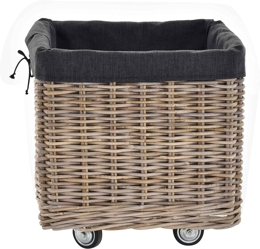 Grosser Rollkorb mit Griffen / Holzkorb mit Rollen aus grauem Natur Rattan / Aufbewahrung Holz-Wagen