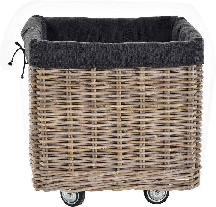Grosser Rollkorb mit Griffen / Holzkorb mit Rollen aus grauem Natur Rattan / Aufbewahrung Holz-Wagen