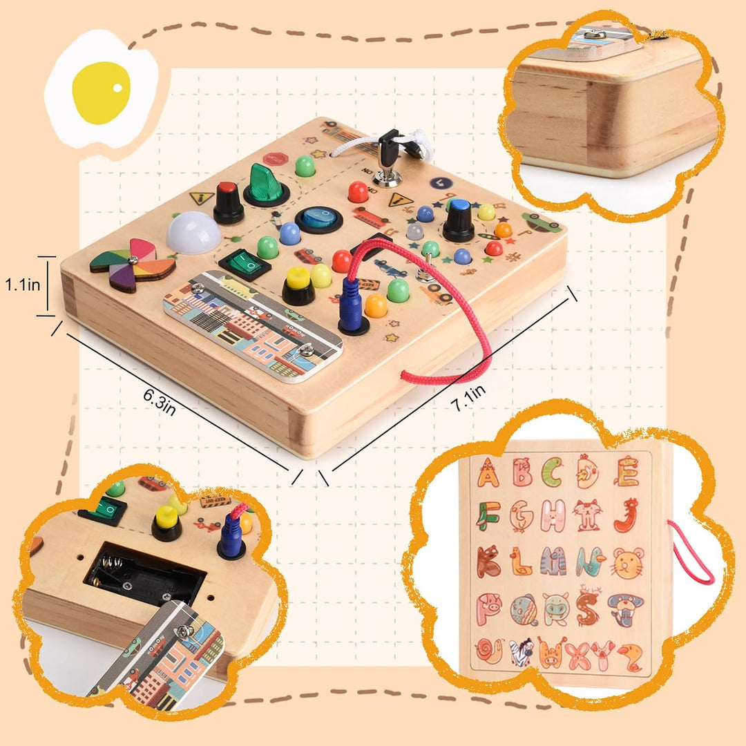 Busy Board Montessori Spielzeug für Babys ab 2 Jahr, Motorikspielzeug mit 19 LED, Holzspielzeug Sens