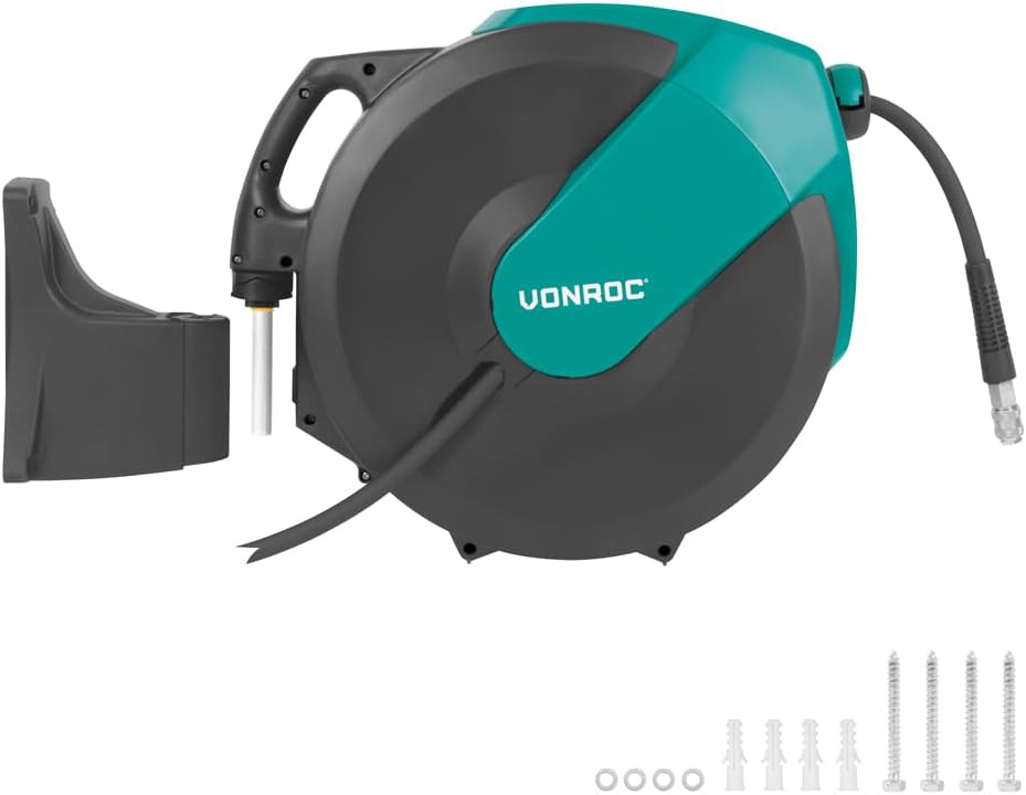 VONROC PRO Automatische Druckluft-Schlauchtrommel 30M – Aufrollbarer Druckluftschlauch, 1m Zuleitung
