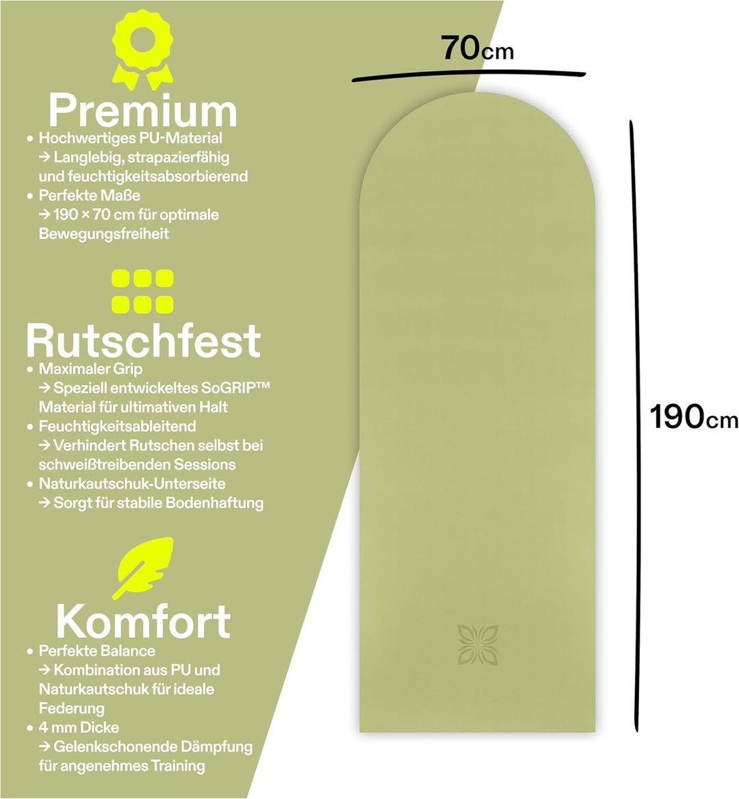 SoGRIP™ Yogamatte rutschfest – PU Yoga Matte mit starkem Grip &amp; Naturkautschuk – Gymnastikmatte, Pil