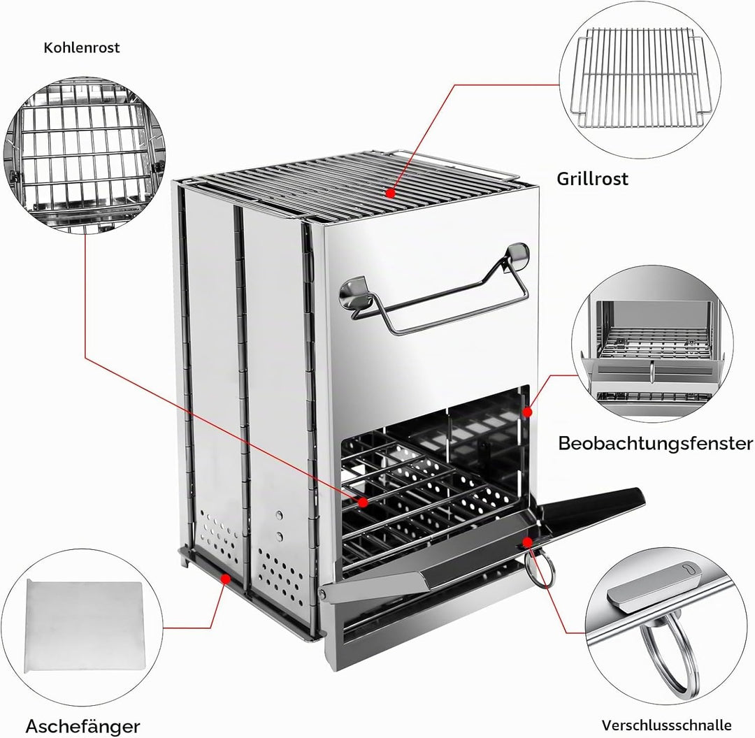 Tragbarer Camping-Holzofen aus Edelstahl, Zusammenklappbar Campinggrill mit Tragetasche, Faltbar BBQ