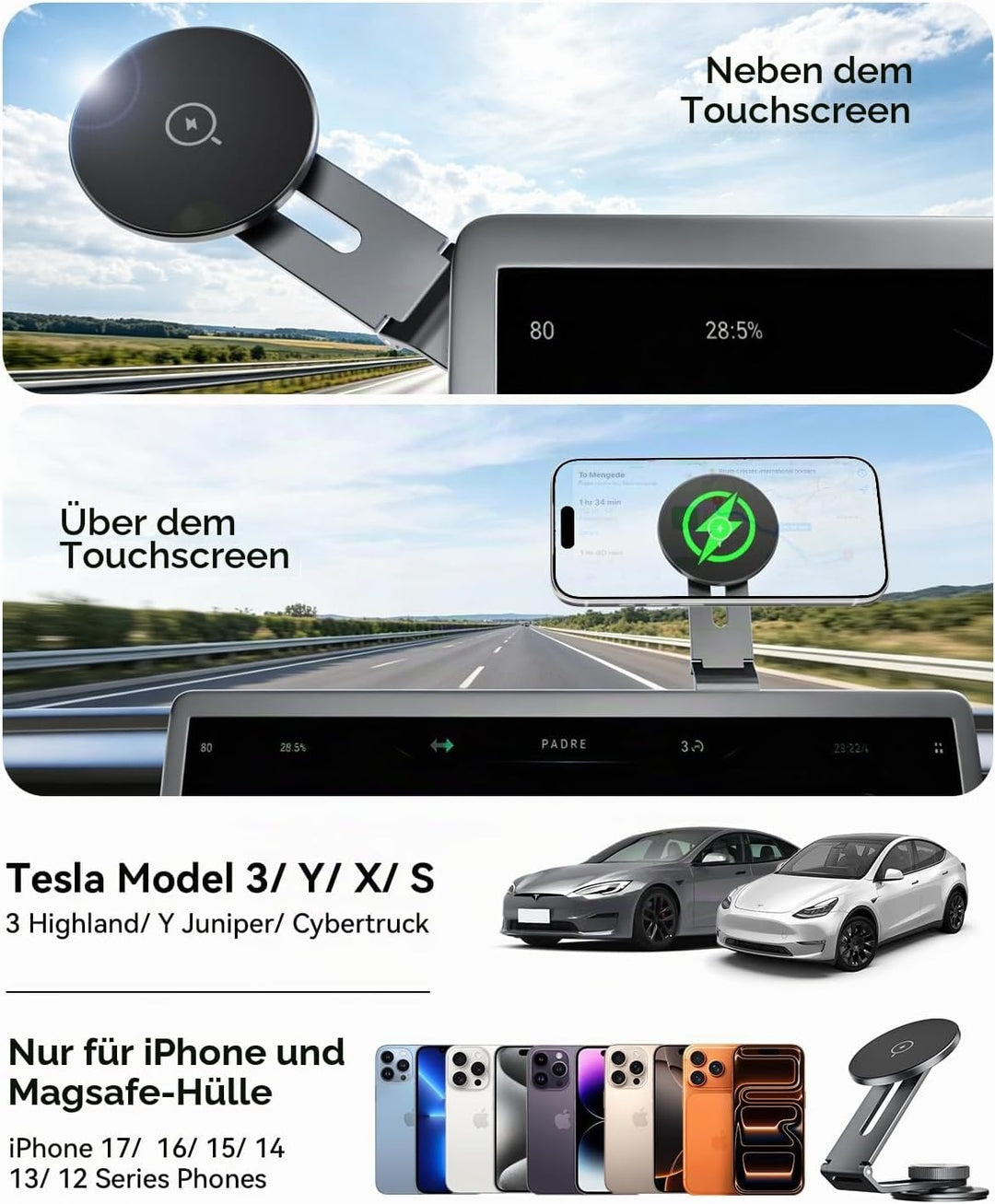 15W für MagSafe Handyhalterung Auto mit Ladefunktion für Tesla Model 3/Y/S/X/Cybertruck, Klappbares