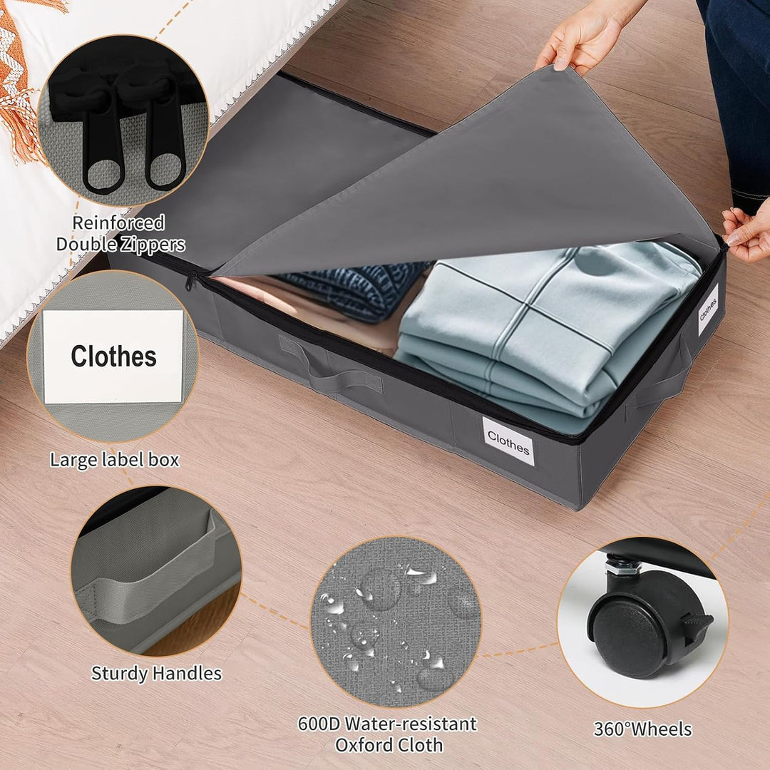 60L 2 Stück Unterbettkommode gross mit 6 Rollen, Wasserdichtes 600D Oxford-Gewebe Unterbett Aufbewah