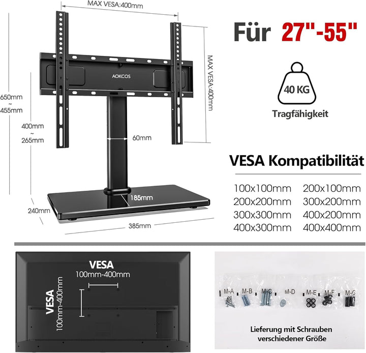 AOKCOS TV Standfuss TV Ständer Neigbar Schwenkbar Höhenverstellbar für 32-55 Zoll Fernseher, Univers