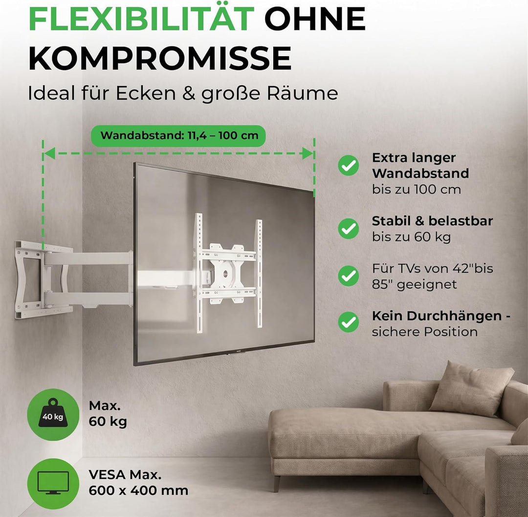 TiTon 100 cm TV-Wandhalterung mit langem Gelenkarm 50 Zoll Biz 75 Zoll – voll beweglich dreh-, Schwe
