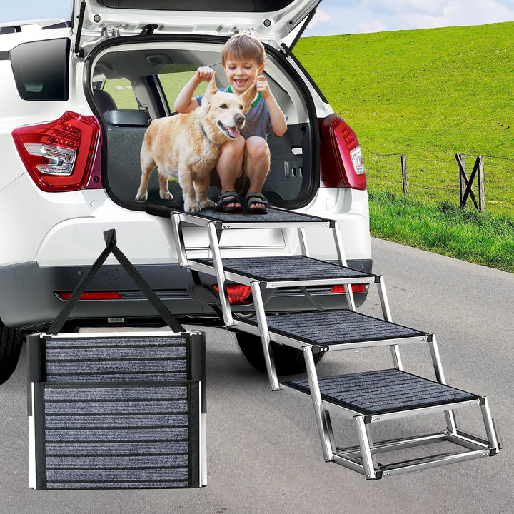 Hundetreppe Auto Für Grosse Hunde mit Teppich, Extra Breit 4 Stufen Hunderampe Auto Klappbar,Leichte