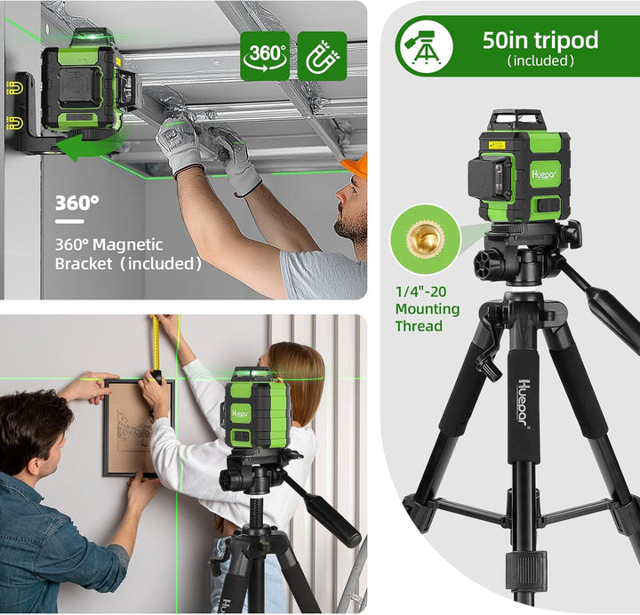 Huepar 3x360° Kreuzlinienlaser mit 127cm Stativ, Laser Wasserwaage Nivelliergerät Selbstnivellierend
