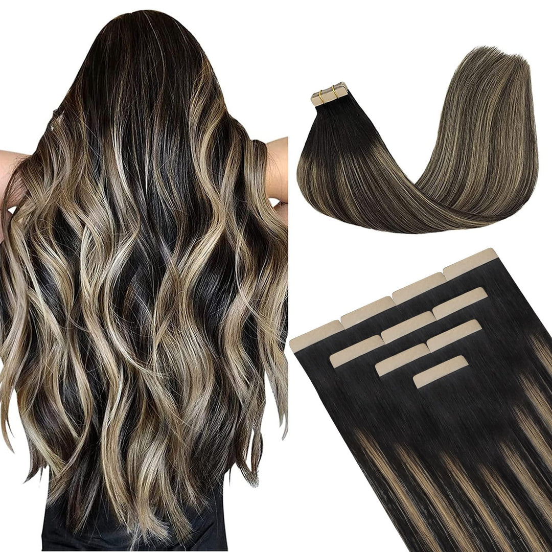 DOORES Extensions Echthaar Tape in, Balayage Natürliches Schwarz bis Hellblond 35cm (14zoll) 25g 10p