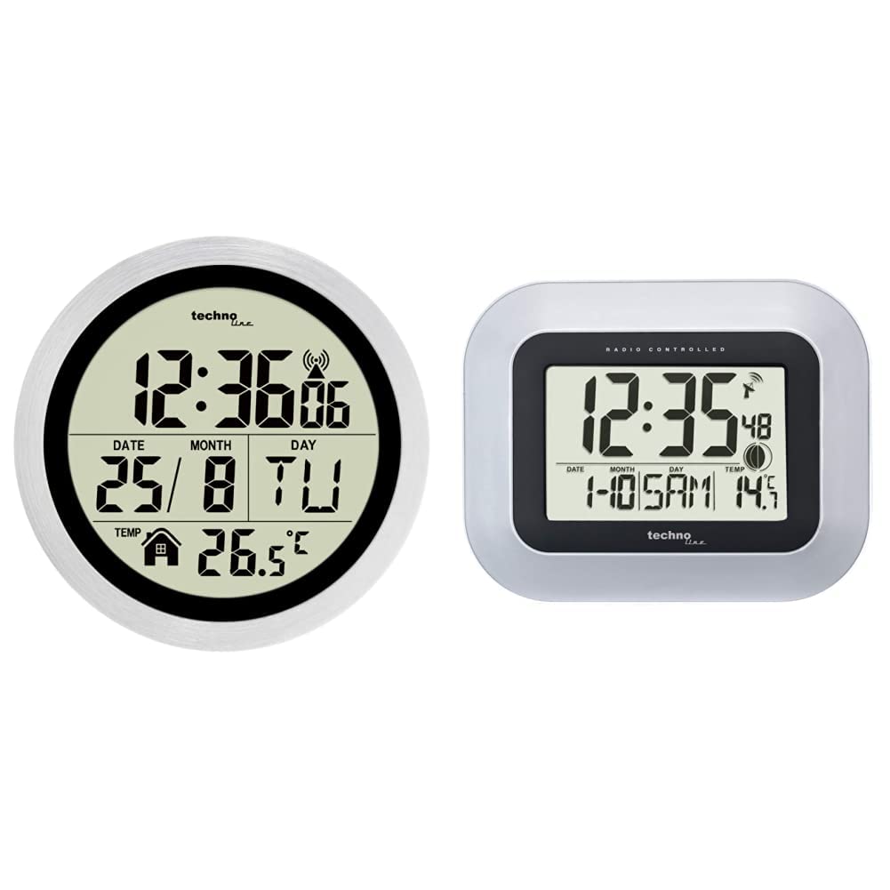 Technoline WT3005 Digitale Badezimmer-Funkwanduhr, Kuststoff, Silber, Ø 147 x 79 mm & WS 8005 Funk-W