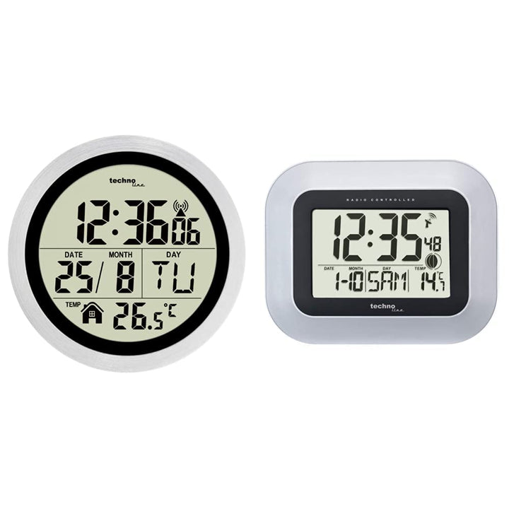 Technoline WT3005 Digitale Badezimmer-Funkwanduhr, Kuststoff, Silber, Ø 147 x 79 mm & WS 8005 Funk-W