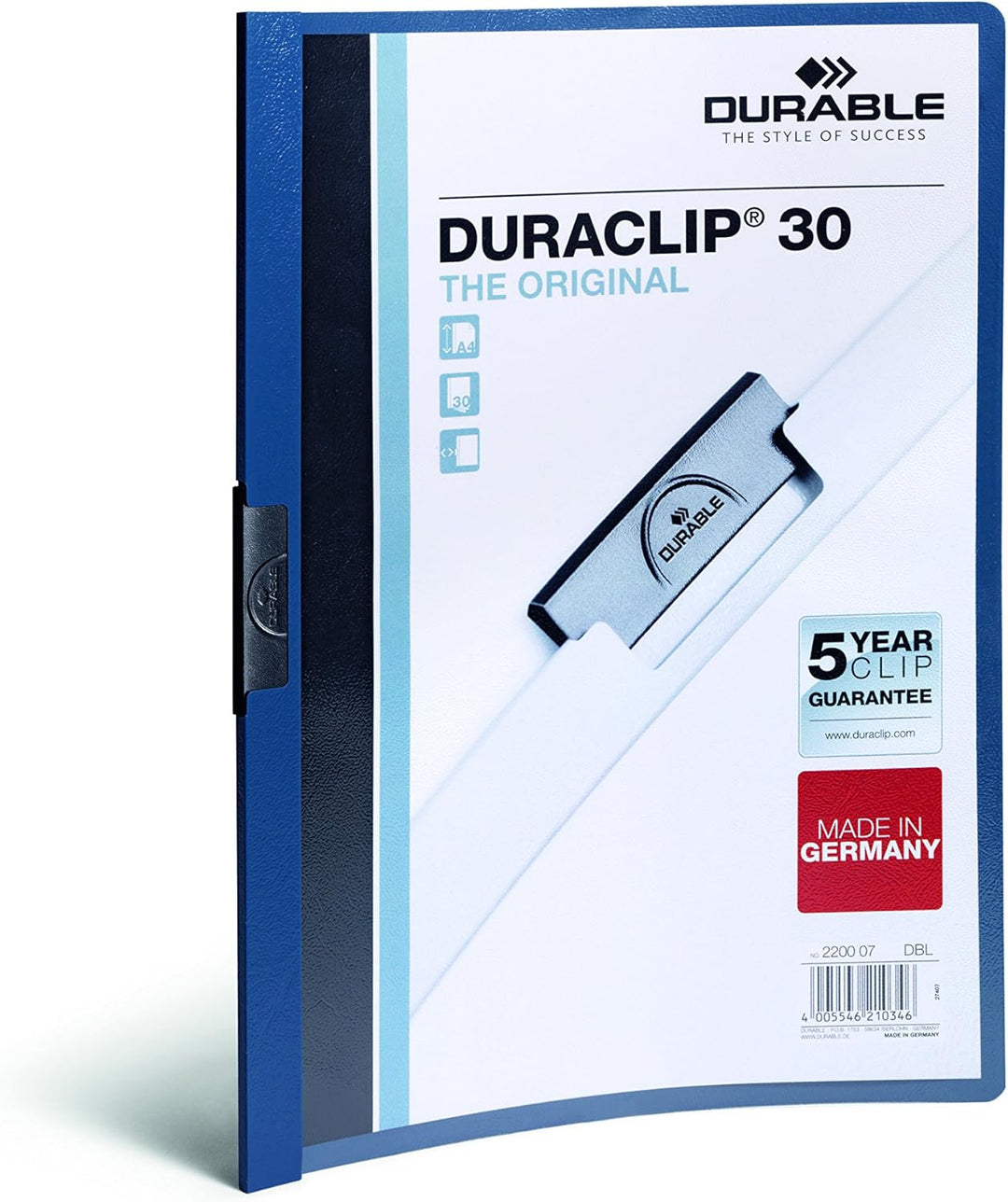 Durable Berichtsmappe mit DURACLIP, Briefformat, bis zu 30 Seiten, Klarsicht-Einband/Dunkelblau, 25