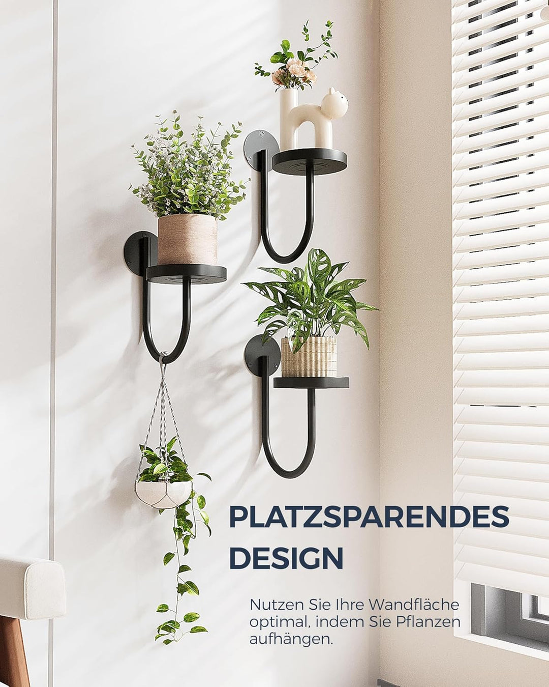 Bamworld Blumenständer Wandmontage 3er Set – U-Form Pflanzenregal aus Metall für Wohnzimmer & Balkon