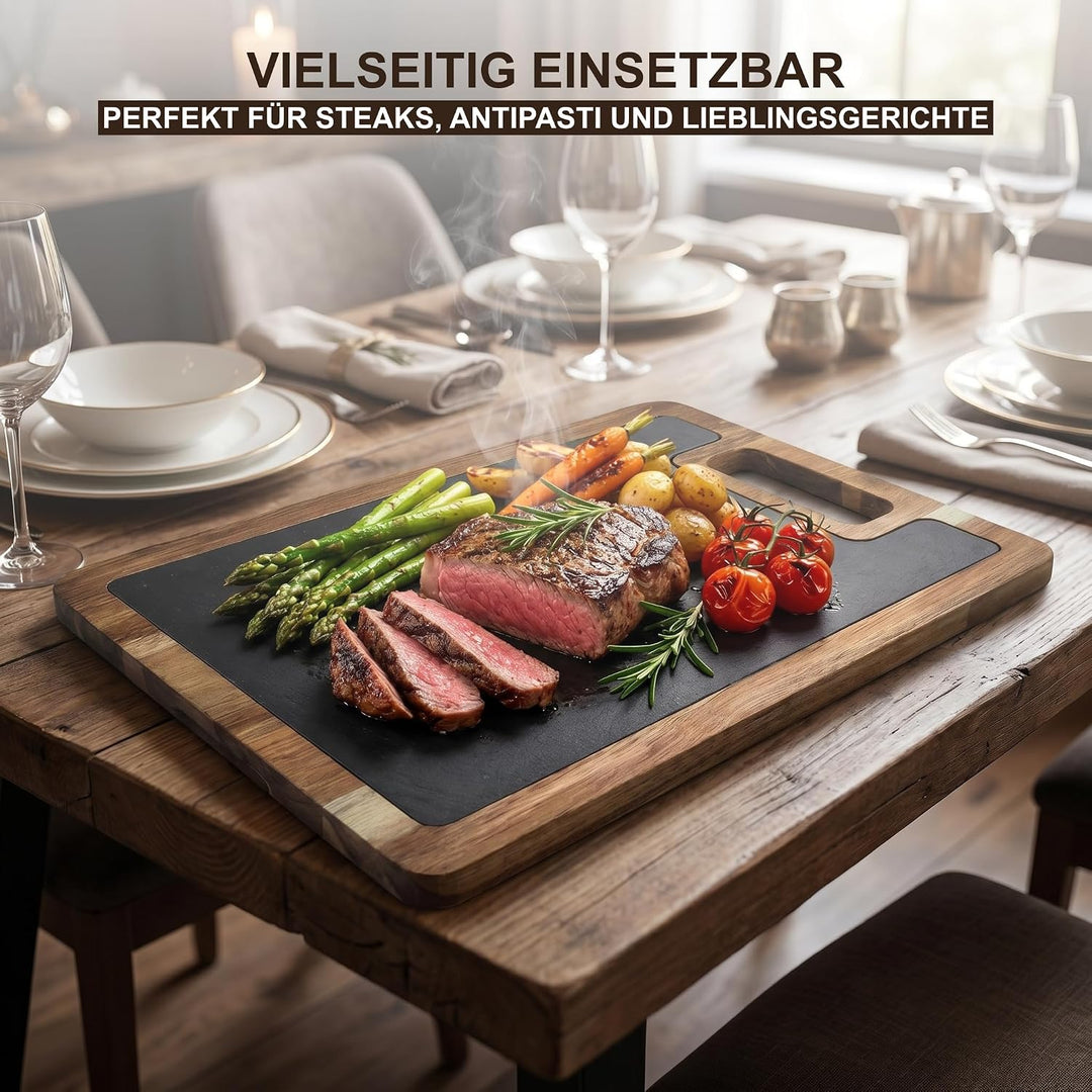 hausleben Servierbrett aus Akazienholz mit Schieferplatte 30x20 cm – Edles Holzbrett mit integrierte
