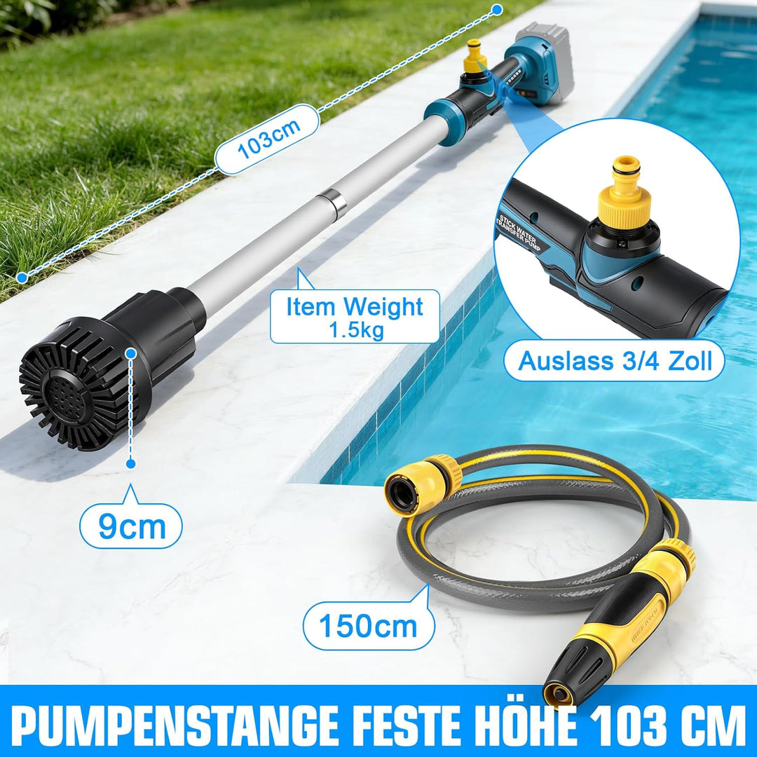Akku Regenfasspumpe Kompatibel mit Makita 18V, Max. 3000 L/h, 6m Förderhöhe | Kabellose Wasserpumpe