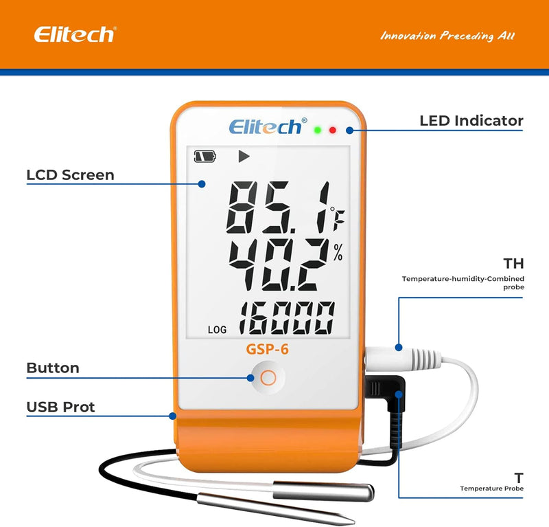 Elitech Temperatur Datenlogger, 16000 Punkte, Daten Aufzeichnungen und Export, Hohe Genauigkeit Sens