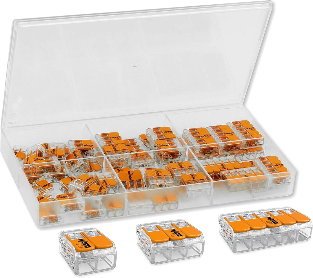 Wago 61 Stück Klemmklemmen 27x221-412, 20x221-413, 14x221-415 in Aufbewahrungsbox