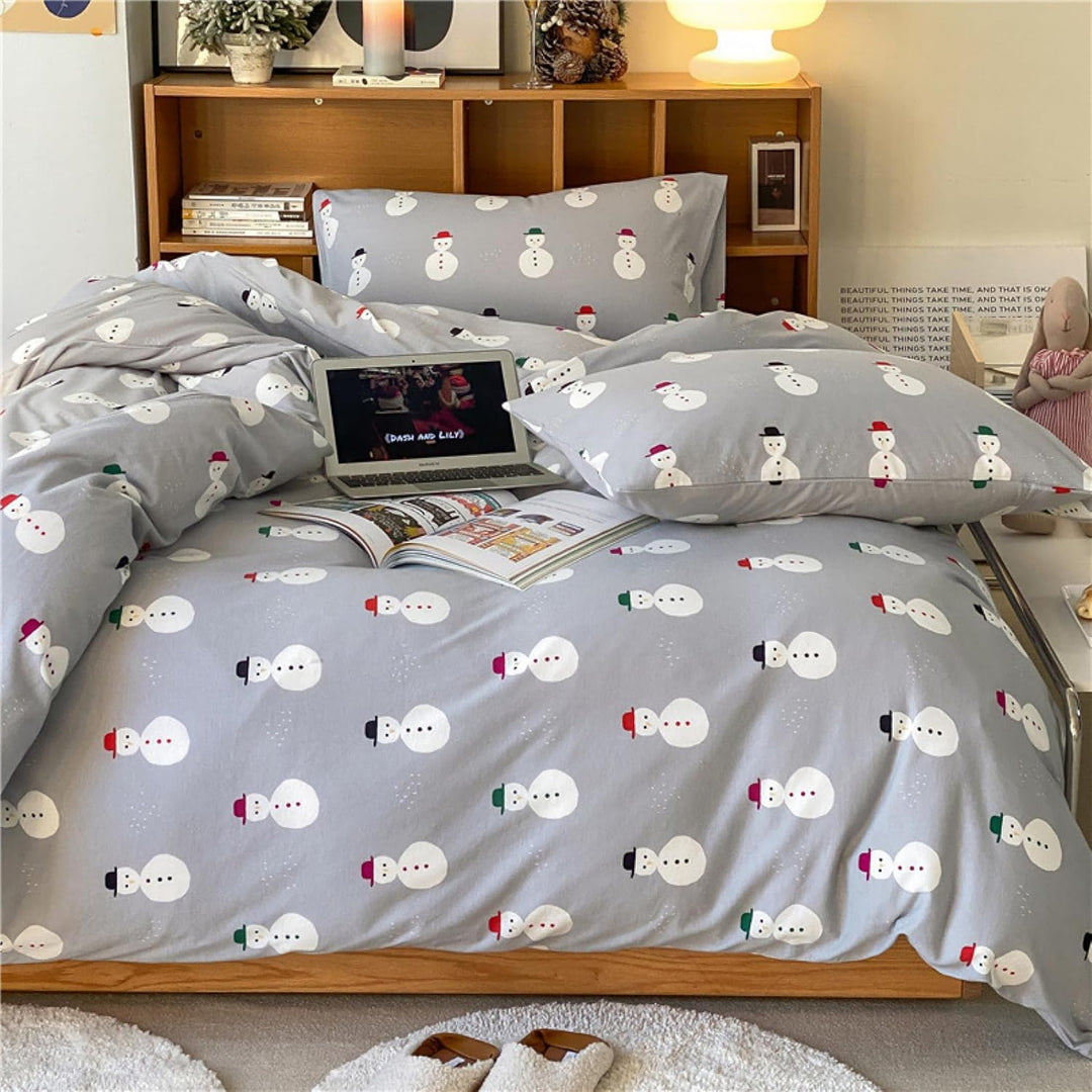 Freyamy Weihnachts Bettwäsche Set 135x200cm Grau Bunt Schneemann Bettwaren-Sets Junge Mädchen Weihna