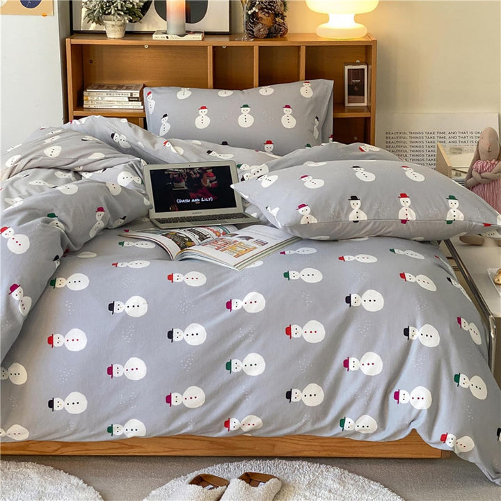 Freyamy Weihnachts Bettwäsche Set 135x200cm Grau Bunt Schneemann Bettwaren-Sets Junge Mädchen Weihna