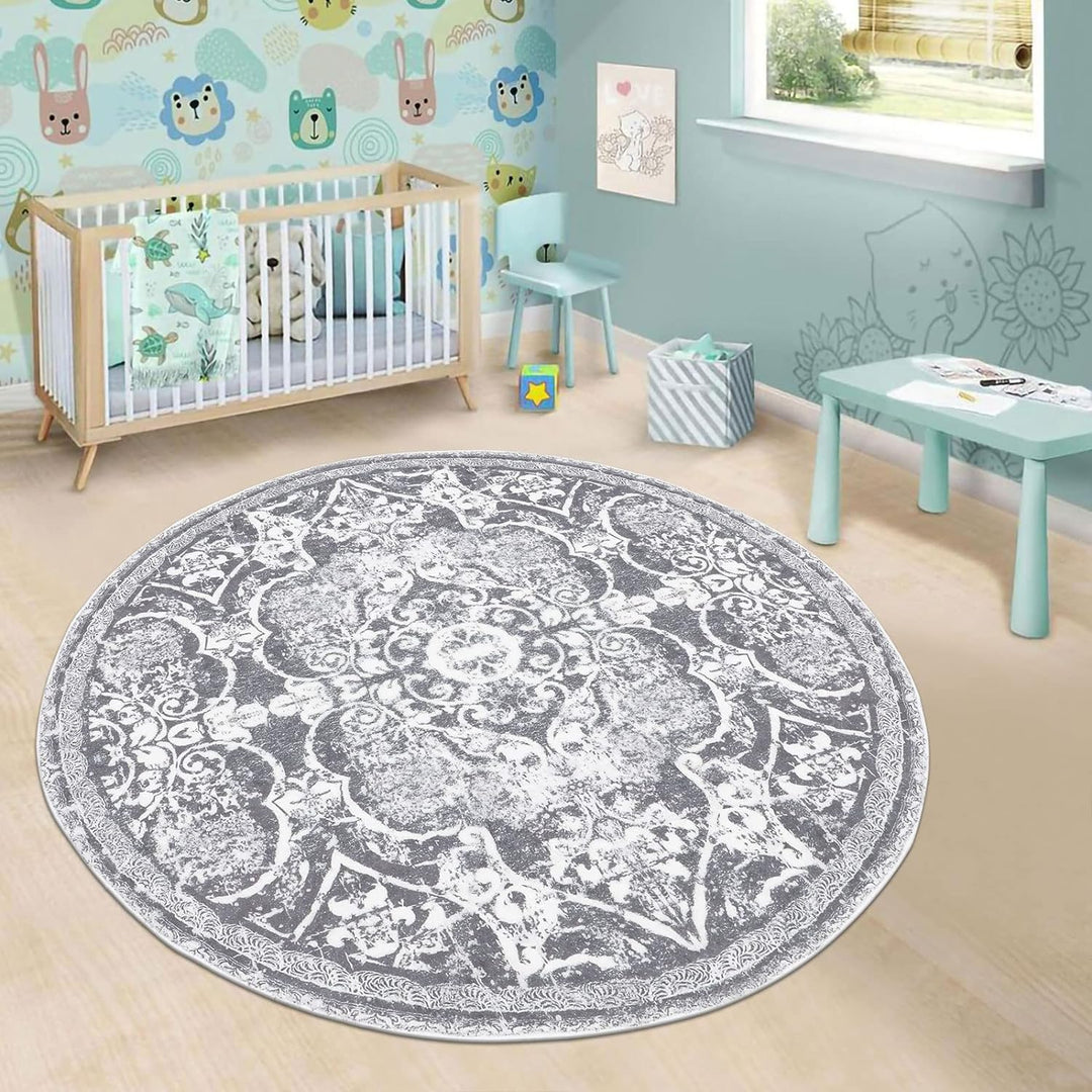 Enyhom Retro Boho Teppich, 120 cm Runder Hochflor Küchenteppich, Waschbarer Mandala Bedruckt Teppich