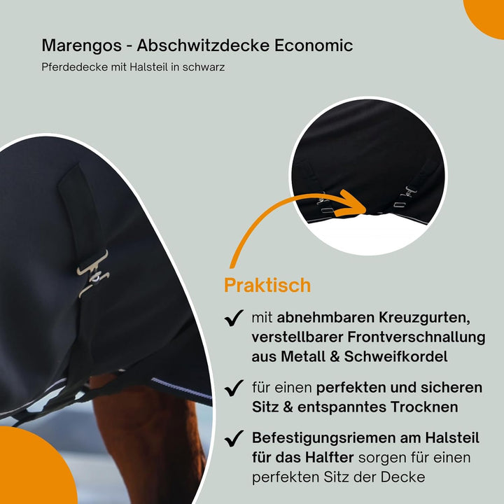 Marengos - Abschwitzdecke Economic mit Halsteil | Pferdedecke m. Kreuzgurt, Metallverschluss, Schwei