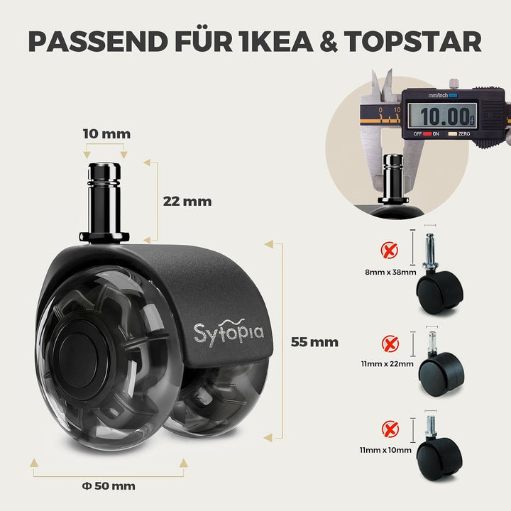 Sytopia Bürostuhl Rollen 10mm x 22 mm, Nur kompatibel mit 1KEA Stuhl (Nicht für 11mm stuhlrollen), 5