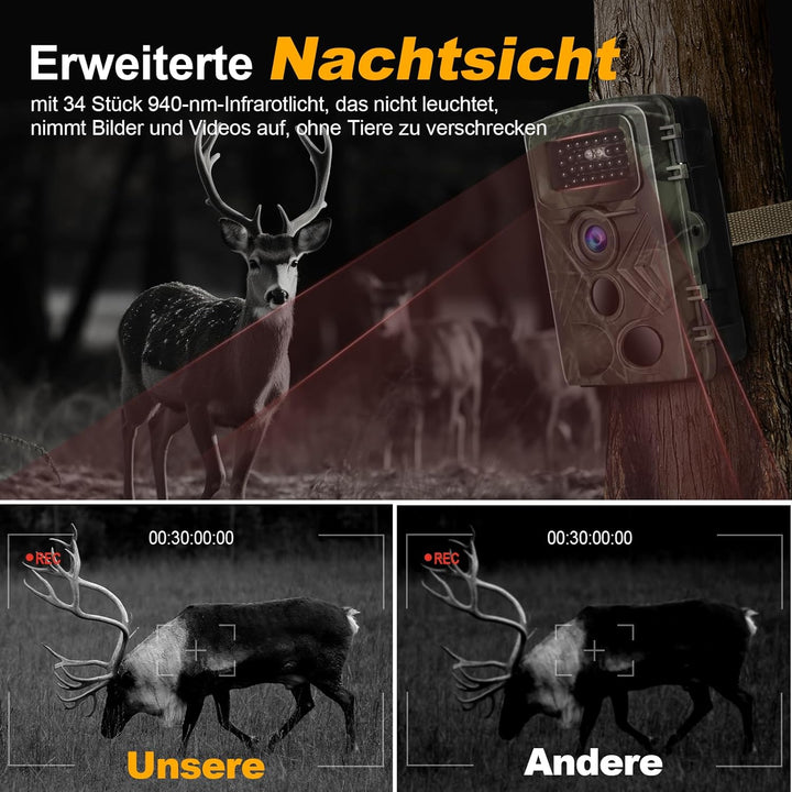 YOVOCA Wildkamera 2.7K 48MP, Wildkamera mit Bewegungsmelder Nachtsicht IP66 Wasserdicht Wildtierkame