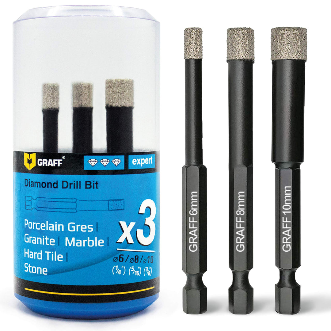 GRAFF Diamantbohrer Fliesenbohrer Set 6 I 8 I 10 mm für Fliesen Glas Кeramik Granit Stein - Feinstei
