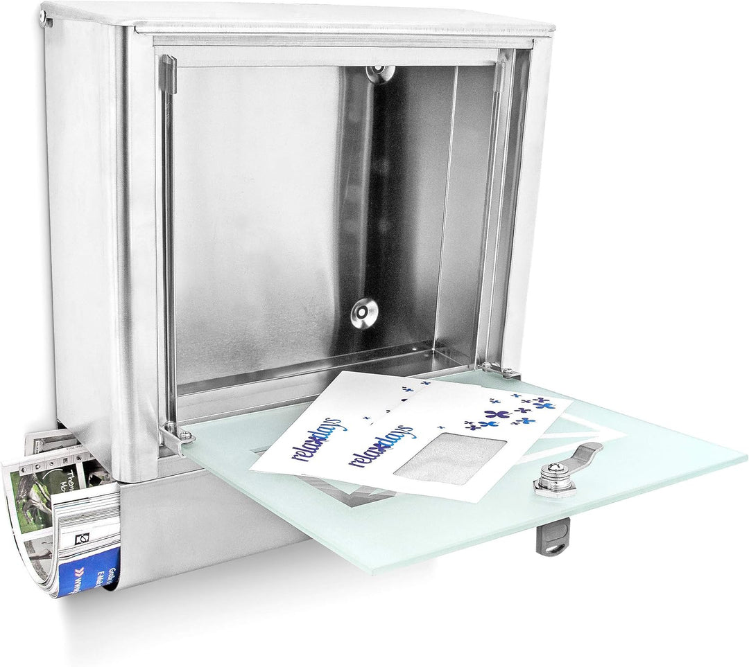 Relaxdays Briefkasten mit Zeitungsfach, Postkasten aus Edelstahl und Glas, Mit Motiv, HBT: ca. 40 x