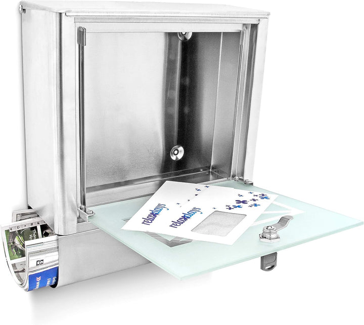 Relaxdays Briefkasten mit Zeitungsfach, Postkasten aus Edelstahl und Glas, Mit Motiv, HBT: ca. 40 x