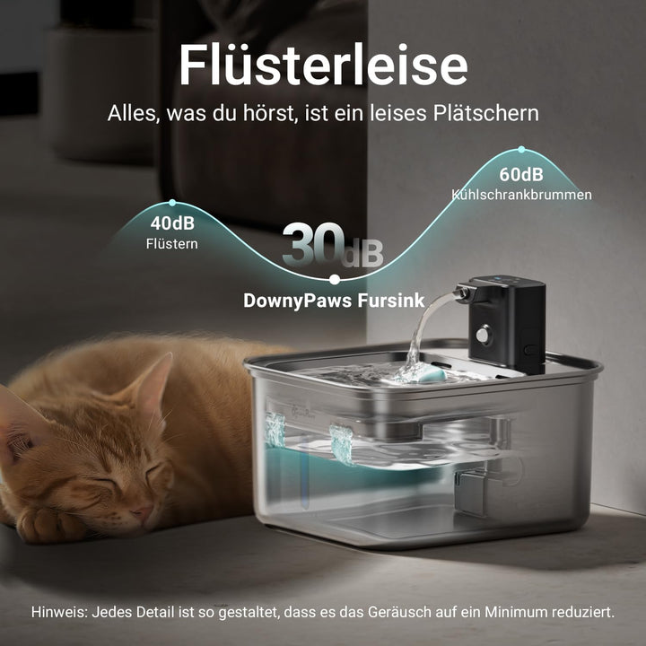 DownyPaws Trinkbrunnen für Katze Edelstahl Kabellos, 3L Katzenbrunnen mit Bewegungsmelder, Batterieb