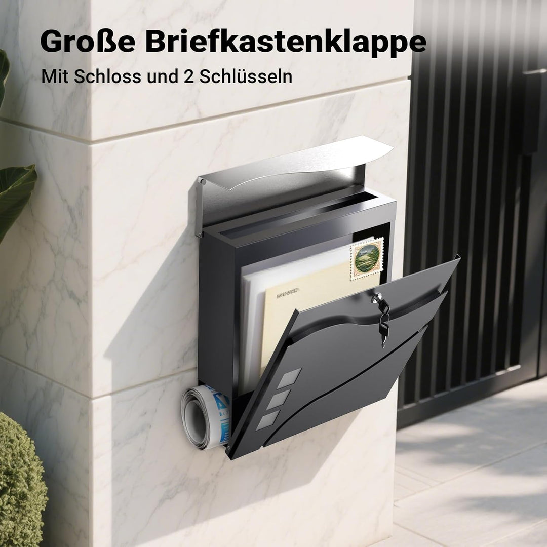 Wiltec Designer Briefkasten V28 Anthrazit und Edelstahl 370 x 102 x 370 mm, Wandbriefkasten mit Schl
