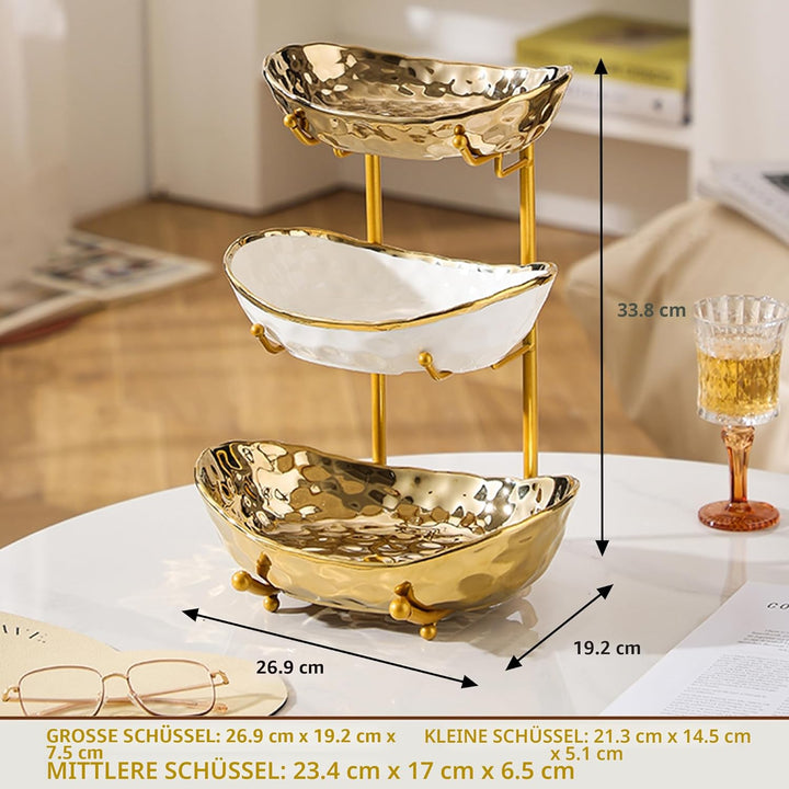 Simcat 3-Schicht Obstschale Keramik mit Metallgestell - Etagere Dekoschale für Küche/Wohnzimmer, Ser