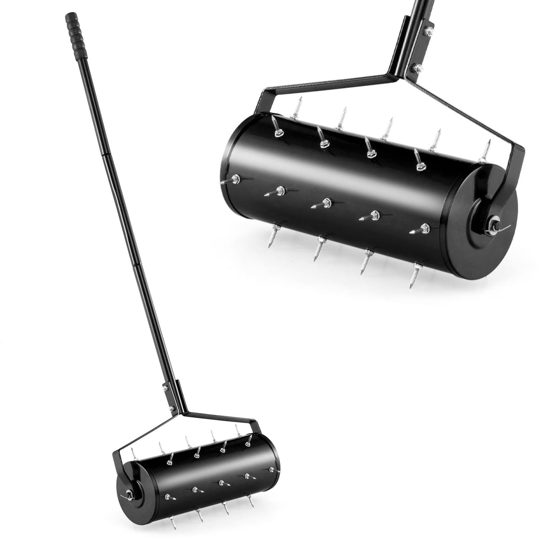 GOPLUS Rasenbelüfter, Handvertikutierer mit Stiel & 3,4cm Nägeln, rollender Aerifizierer, manueller