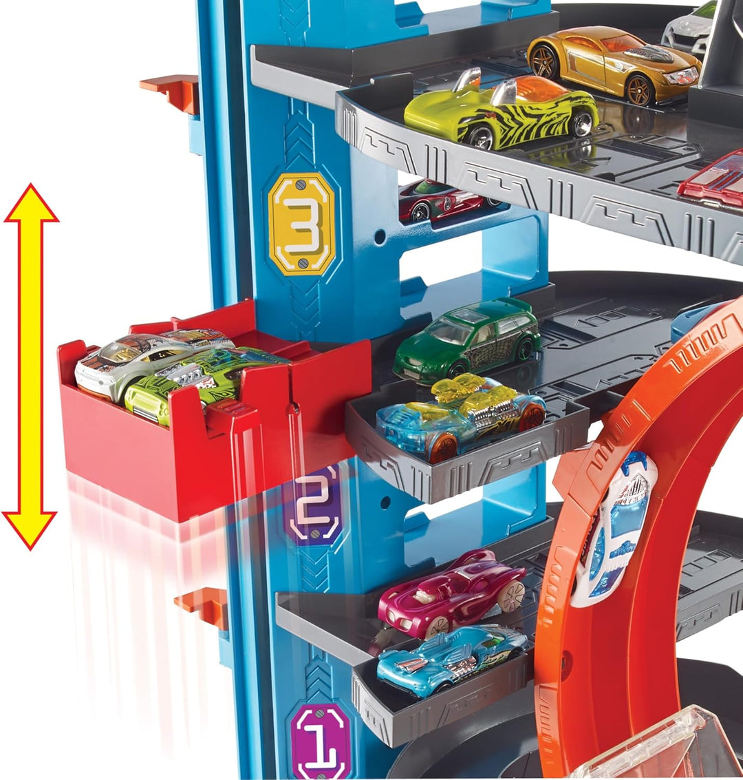 Hot Wheels FTB69 - City Ultimate Parkgarage und Parkhaus für Kinder, Garage mit Hai für +90 Autos, m